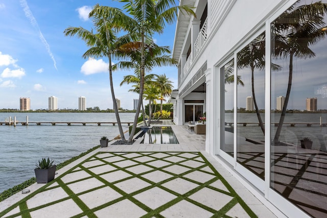 view of patio / terrace featuring a water view