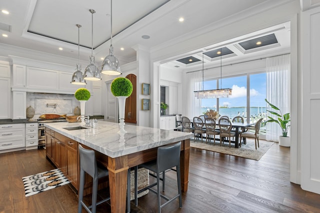 kitchen with a raised ceiling, white cabinetry, a kitchen island with sink, and light stone counters