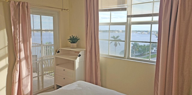 bedroom featuring a water view