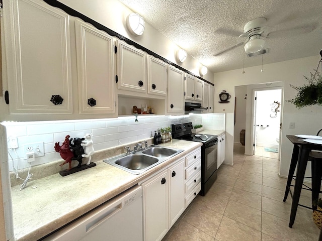 kitchen with dishwasher, white cabinetry, black / electric stove, tasteful backsplash, and sink