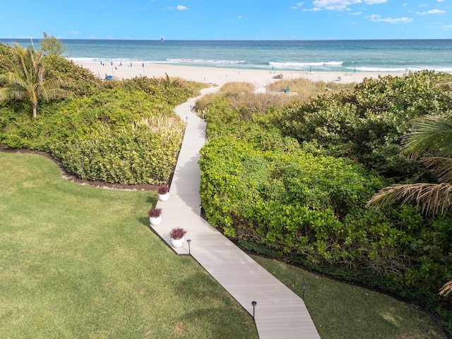 view of water feature with a beach view