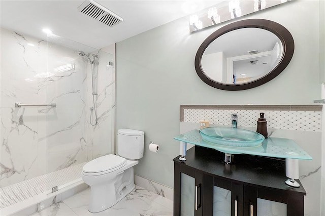 full bath with a marble finish shower, visible vents, marble finish floor, and toilet