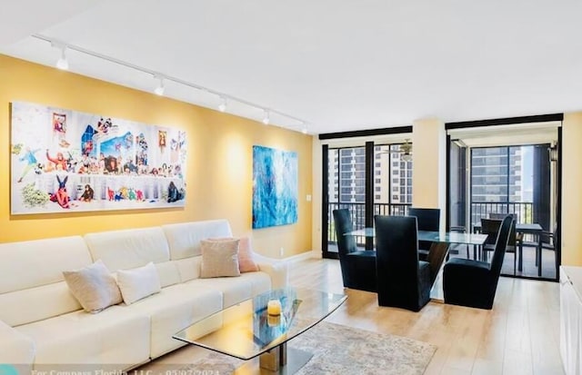 living room featuring track lighting, floor to ceiling windows, and light wood-type flooring