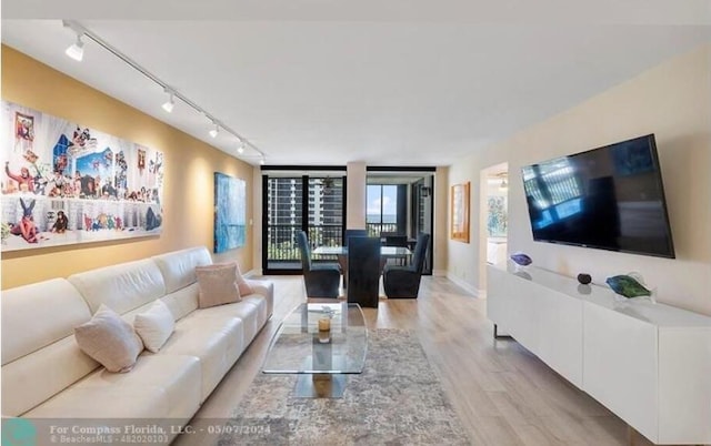 living room with expansive windows, rail lighting, and light hardwood / wood-style flooring