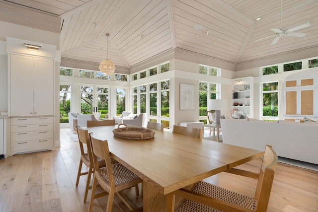 dining space featuring high vaulted ceiling, wooden ceiling, ceiling fan, and light hardwood / wood-style floors