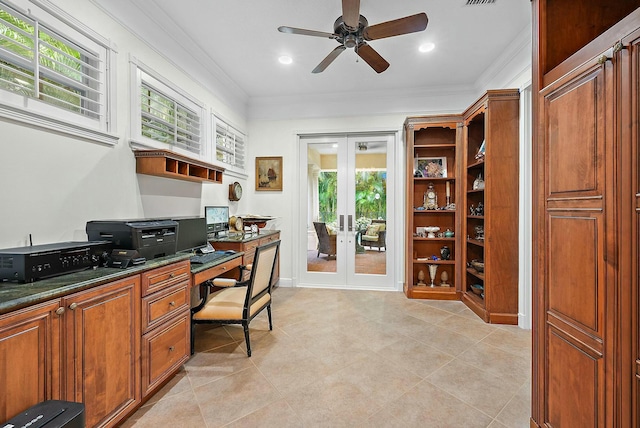 office featuring ceiling fan, light tile patterned floors, crown molding, and french doors