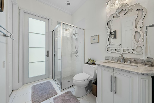 bathroom with toilet, tile patterned flooring, plenty of natural light, and a shower with door