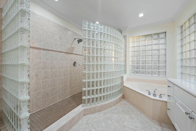 bathroom with vanity, tile patterned flooring, independent shower and bath, and crown molding