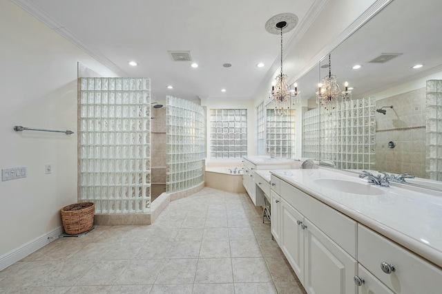 bathroom with independent shower and bath, tile patterned floors, a chandelier, crown molding, and vanity