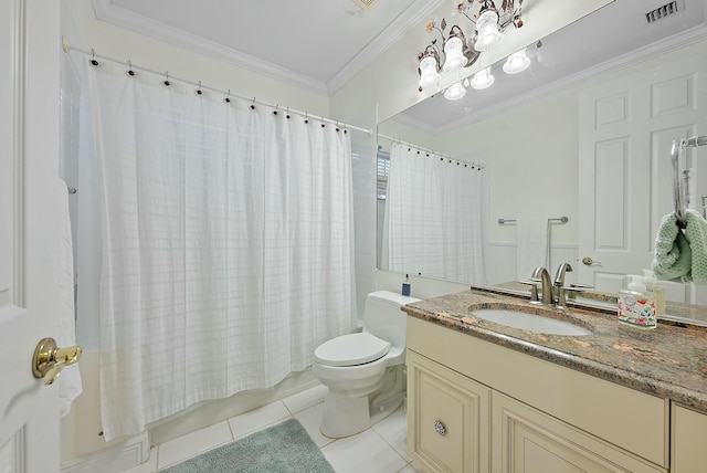 full bathroom featuring toilet, vanity, tile patterned flooring, shower / bath combination with curtain, and ornamental molding