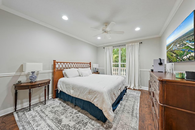 bedroom with ceiling fan, wood-type flooring, crown molding, and access to outside