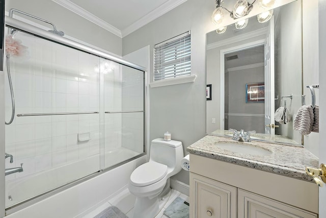 full bathroom with combined bath / shower with glass door, vanity, crown molding, and toilet