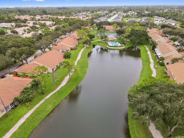 drone / aerial view featuring a water view