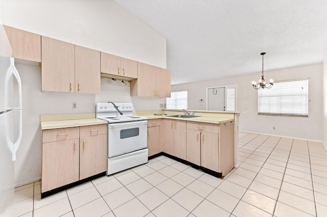 kitchen featuring pendant lighting, sink, white electric range, and light brown cabinetry