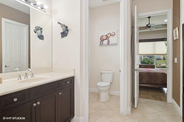 bathroom featuring toilet, ceiling fan, tile patterned floors, and vanity