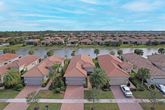 drone / aerial view featuring a water view