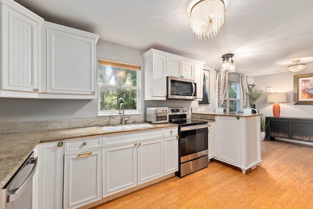 kitchen featuring white cabinetry, kitchen peninsula, stainless steel appliances, light hardwood / wood-style flooring, and sink