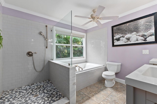 full bathroom featuring ceiling fan, vanity, toilet, crown molding, and plus walk in shower