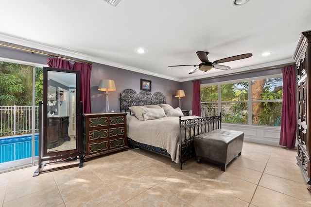 tiled bedroom featuring ceiling fan, access to outside, crown molding, and multiple windows