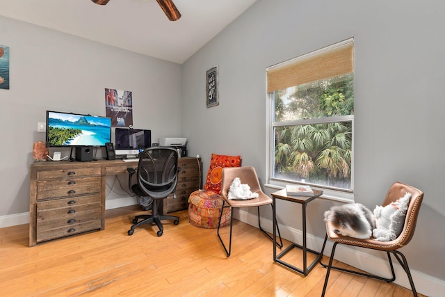 office space featuring ceiling fan and wood-type flooring