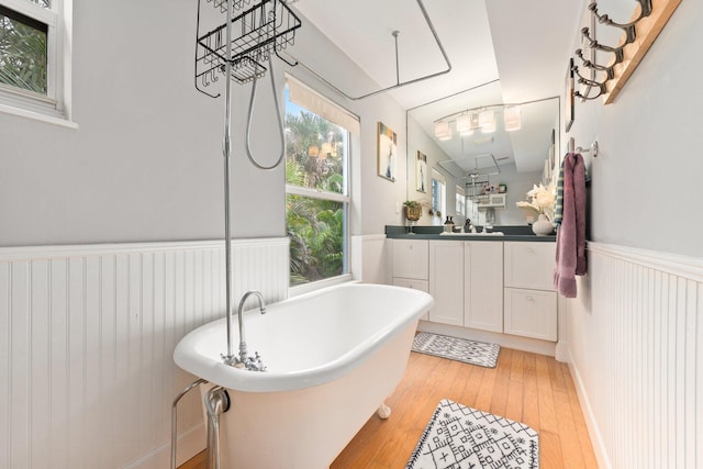 bathroom featuring vanity, plus walk in shower, and hardwood / wood-style floors