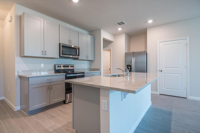 kitchen featuring gray cabinets, stainless steel appliances, a kitchen island with sink, light stone countertops, and sink