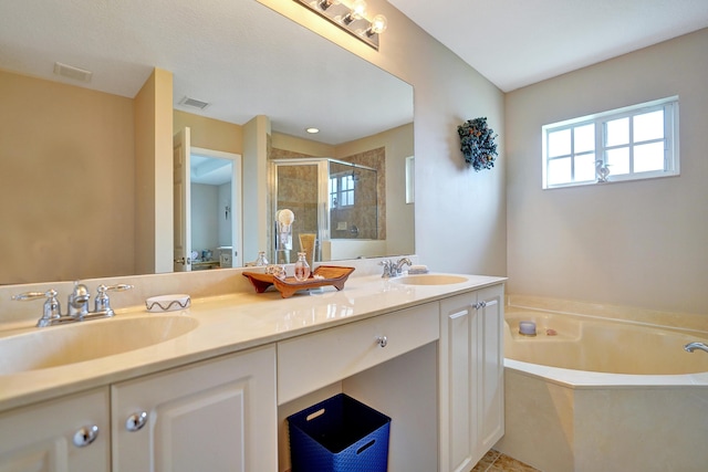 bathroom with vanity and separate shower and tub