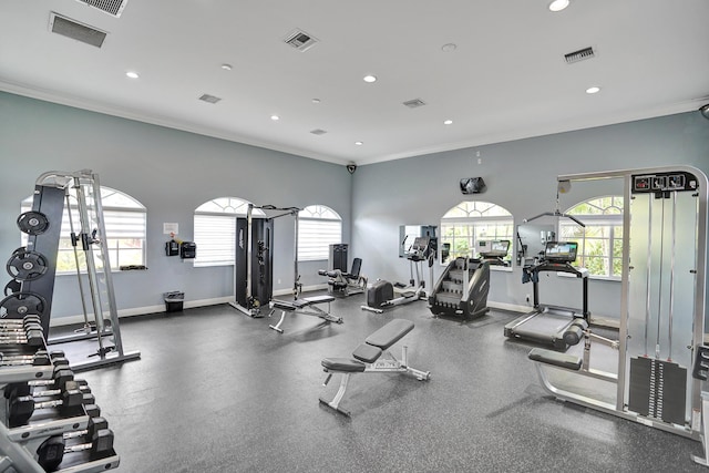 workout area featuring crown molding and plenty of natural light