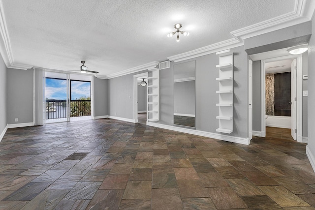 unfurnished living room with ceiling fan, a textured ceiling, ornamental molding, and floor to ceiling windows