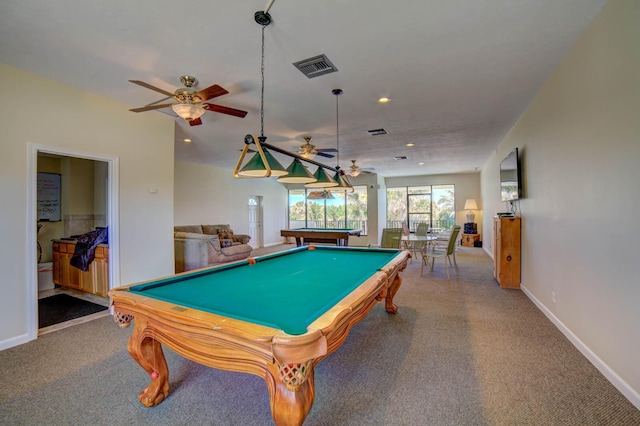 recreation room with ceiling fan, pool table, and carpet flooring