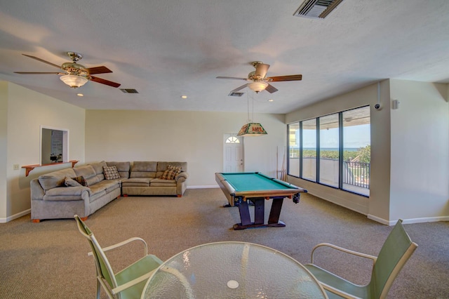 playroom featuring ceiling fan, a textured ceiling, and pool table