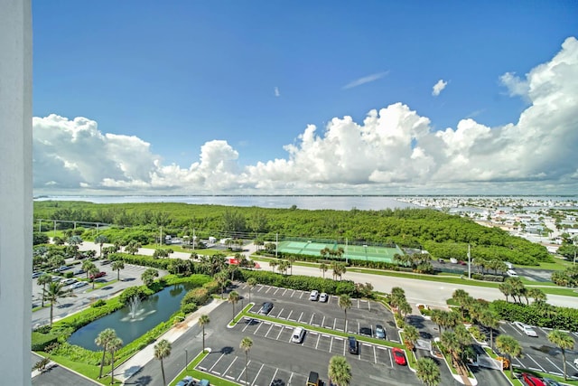 aerial view featuring a water view