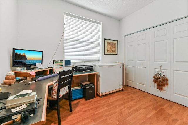 office featuring light hardwood / wood-style floors and a textured ceiling