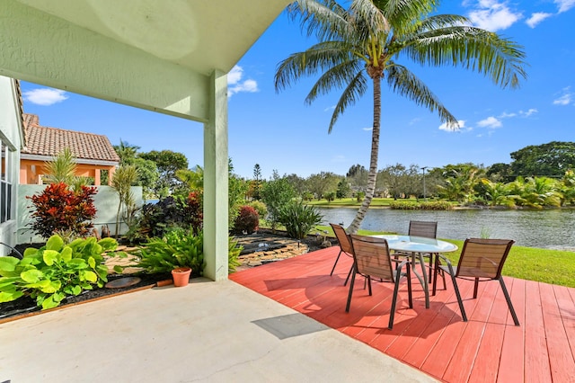 view of patio / terrace featuring a water view