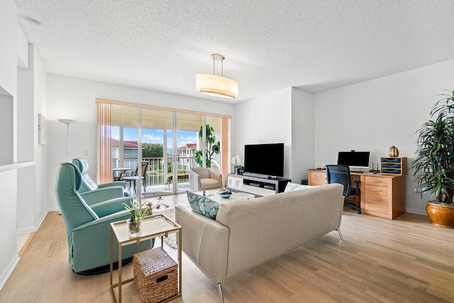 living room featuring light hardwood / wood-style floors and a textured ceiling