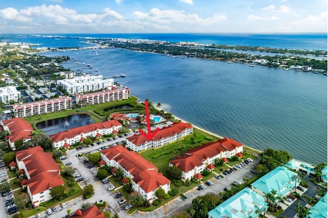 drone / aerial view with a water view