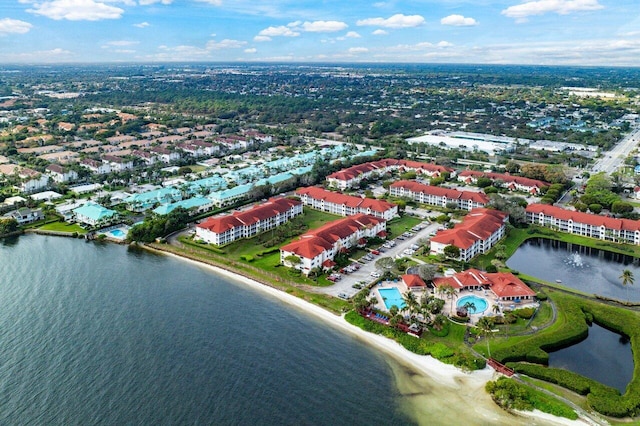 drone / aerial view with a water view