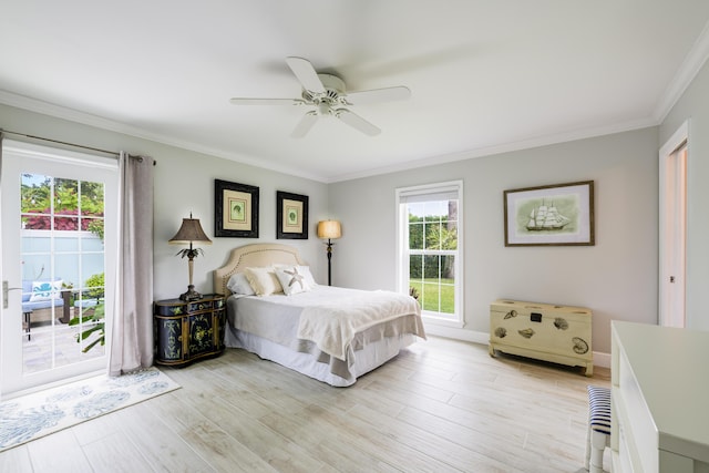 bedroom featuring light wood-type flooring, ceiling fan, ornamental molding, and multiple windows