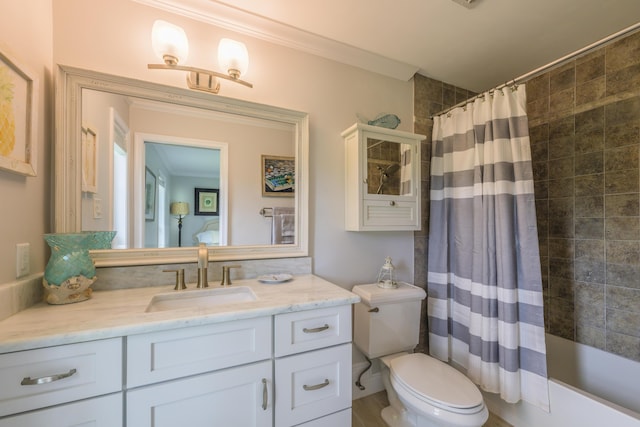 full bathroom with toilet, crown molding, hardwood / wood-style flooring, shower / bath combination with curtain, and vanity