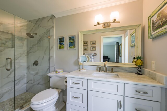 bathroom featuring vanity, toilet, crown molding, and an enclosed shower