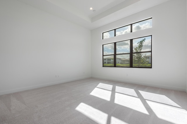 carpeted empty room featuring a high ceiling