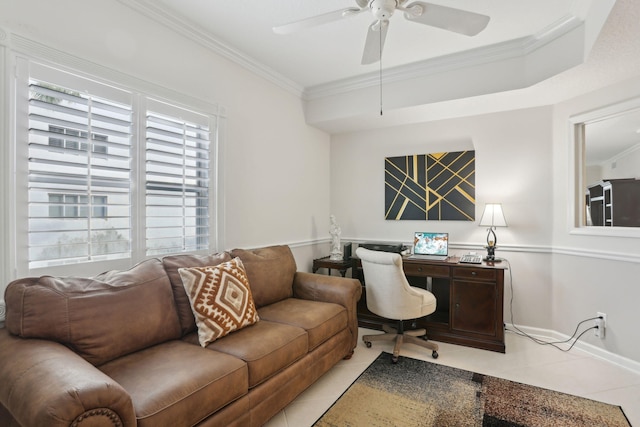 tiled office with ceiling fan and ornamental molding