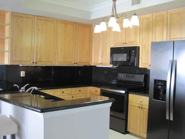 kitchen featuring range with electric stovetop, ornamental molding, light brown cabinets, and stainless steel fridge