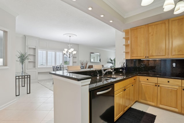 kitchen featuring sink, crown molding, dark stone countertops, black dishwasher, and kitchen peninsula