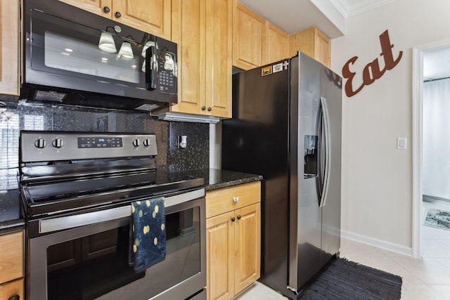 kitchen featuring light brown cabinetry, light tile patterned floors, ornamental molding, appliances with stainless steel finishes, and backsplash