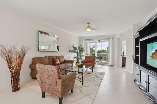 tiled living room featuring crown molding and ceiling fan