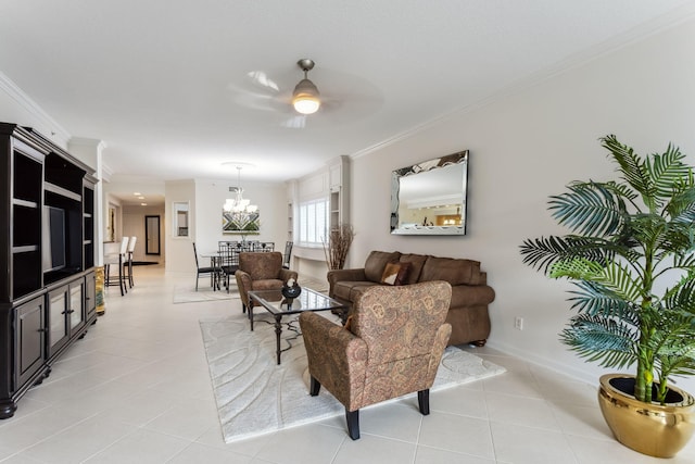 tiled living room featuring ceiling fan with notable chandelier and ornamental molding