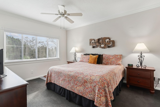 bedroom with crown molding, ceiling fan, and dark carpet