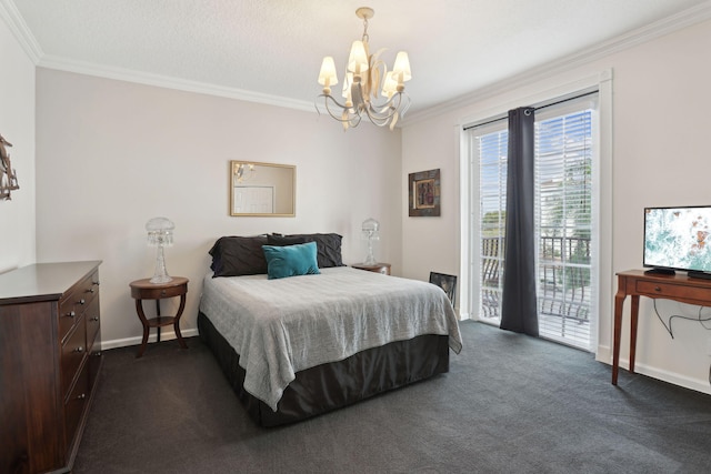 bedroom with access to exterior, dark colored carpet, a notable chandelier, ornamental molding, and a textured ceiling