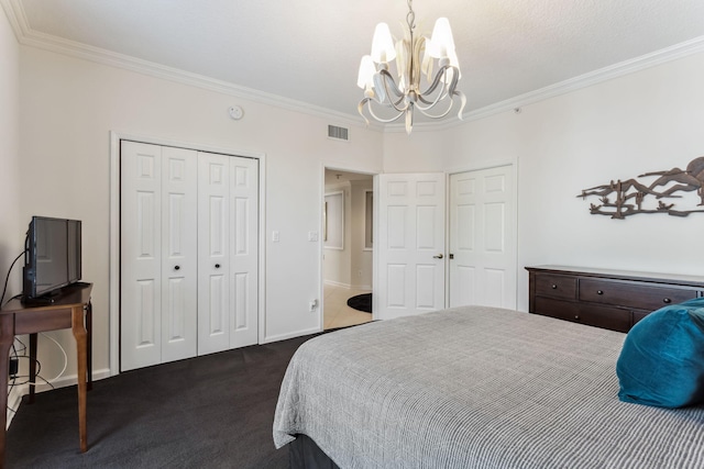 bedroom with crown molding, a chandelier, and dark colored carpet